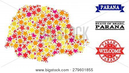 Mosaic Map Of Parana State Created With Colored Flat Stars, And Grunge Textured Stamps, Isolated On 