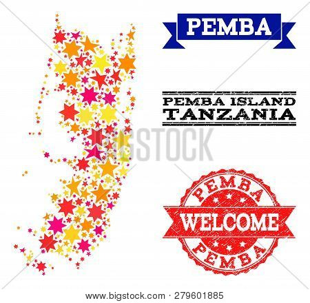 Mosaic Map Of Pemba Island Composed With Colored Flat Stars, And Grunge Textured Stamps, Isolated On