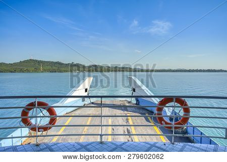 Ferry With Life Rings In Blue Sky Day, Koh Chang, Trad, Thailand.