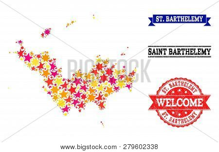 Mosaic Map Of Saint Barthelemy Formed With Colored Flat Stars, And Grunge Textured Stamps, Isolated 