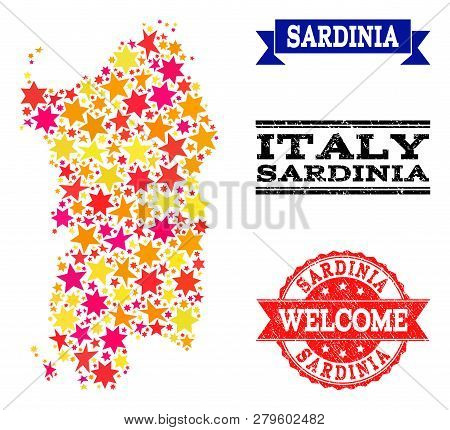 Mosaic Map Of Sardinia Region Composed With Colored Flat Stars, And Grunge Textured Stamps, Isolated