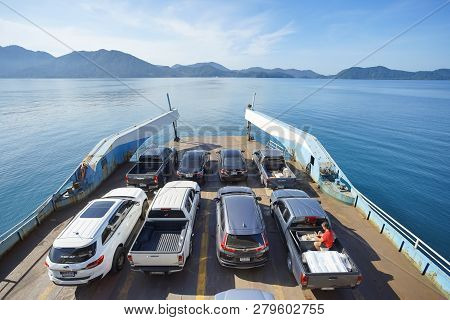 Trad, Thailand - December 02, 2018: A Lot Of Cars On Ferry Boat To The Popular Travel Destination Ko
