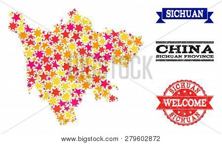 Mosaic Map Of Sichuan Province Composed With Colored Flat Stars, And Grunge Textured Stamps, Isolate