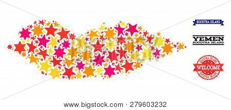 Mosaic Map Of Socotra Island Designed With Colored Flat Stars, And Grunge Textured Stamps, Isolated 