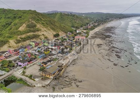 La Entrada, Ecuador - September 14, 2018 - Drone Aeiral View Of Colorful Coastal Town From The Beach