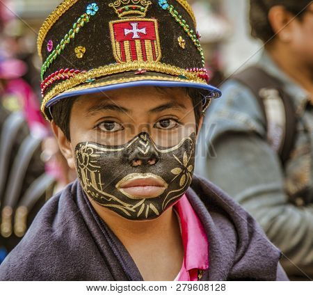 Latacunga, Ecuador - September 22, 2018 - Young Men Dress In Decorated Black Face To Celebrate Afric