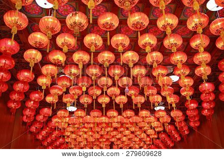 Red Chinese Lantern,chinese New Year  Lantern Hanging On The Ceiling In Many Parts Of The Chinese Ne