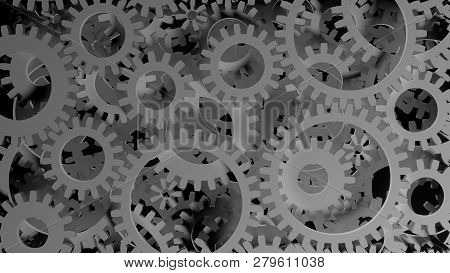 Abstract Background Consisting Of White Gears On Dark. 3d Illustration. Infustrial Design Background
