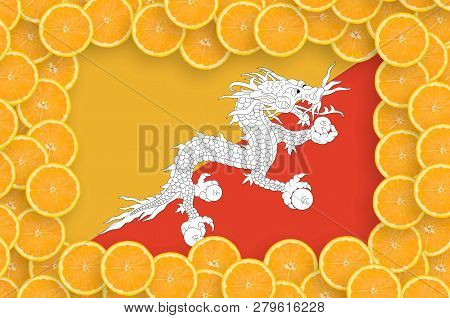 Bhutan Flag  In Fresh Citrus Fruit Slices Frame