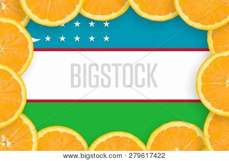 Uzbekistan Flag  In Fresh Citrus Fruit Slices Frame
