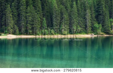 Landscape In The Switzerland. Forest And Lake. Reflection On The Water Surface. Natural Lndscape At 