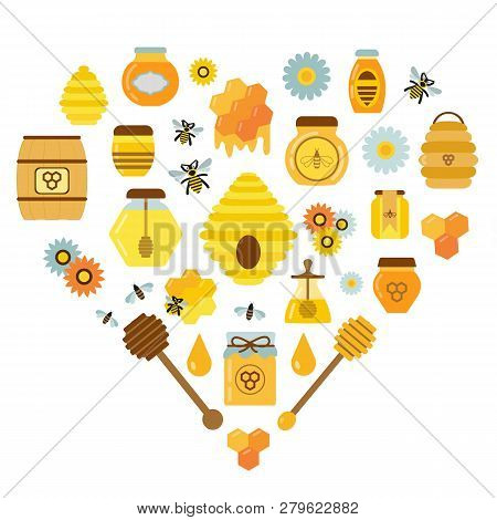 Organic Honey Products Icons In Heart Shape. Flying Bees, Flowers, Beehive, Combs, Dipper And Honey 