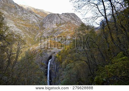 Manafossen, Norway Beautiful Northern Waterfall. Norwegian Mountains In Autumn. Rogaland, Norway