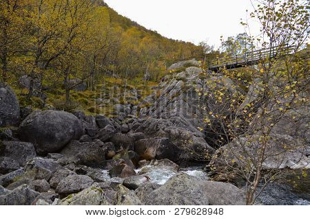 Manafossen, Norway Beautiful Northern Waterfall. Norwegian Mountains In Autumn. Rogaland, Norway