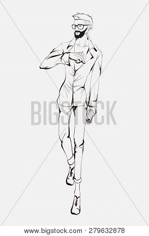 Stylish Handsome Man In Fashion Clothes. Fashion Man. Hand Drawn Male Model. Sketch. Handsome Stylis