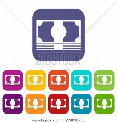 Swiss Franc Banknote Icons Set Illustration In Flat Style In Colors Red, Blue, Green And Other