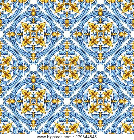 Portuguese Azulejo Ceramic Tile Pattern. Ethnic Folk Ornament. Mediterranean Traditional Ornament. I