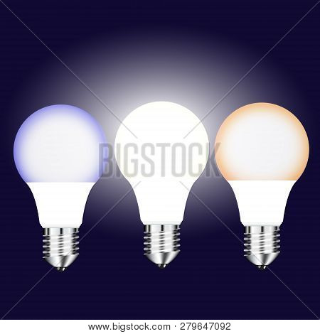 Vector Drawing Three Bright Led Lamps With Different Glow On A Dark Background