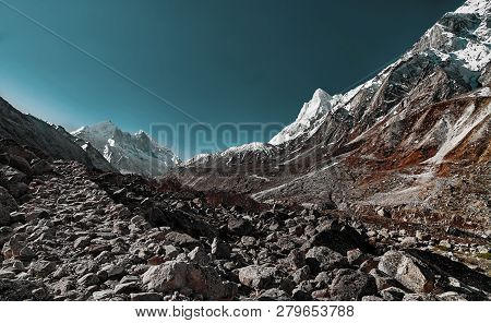 Valley And Mountains View In Himalaya. Gaumukh Glacier, Gangotri, Uttarakhand, India.