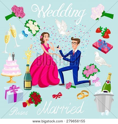 Set Vector Wedding Just Married Couple With Hearts Avatars Characters. Roses Flowers Champagne Cake