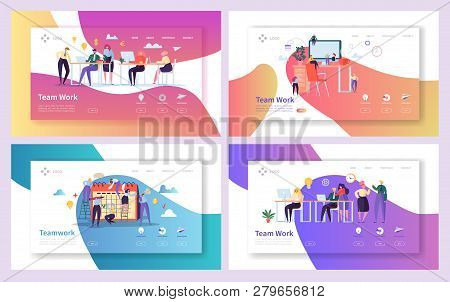 Office Teamwork Meeting Landing Page Set. Business People Work Together At Professional Workplace. F