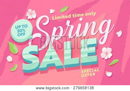 Spring Sale Abstract Flower Background Horizontal Banner. Promotion Discount Season Advertising Spec