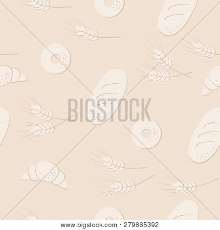 Bread And Wheat Spikes Seamless Pattern. Loaf, Bagel, Croissant Vector Illustartion. Bakery Products
