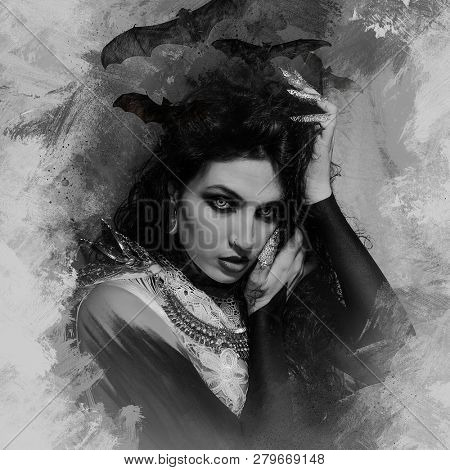 draw vampire, demonic woman dressed in white lace and silver jewelry. has fangs and thick brown hair