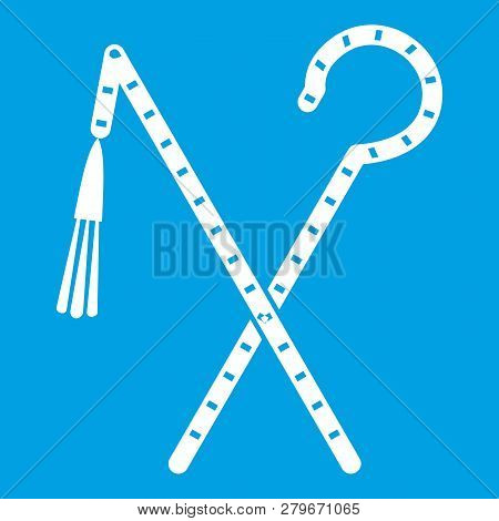 Rod And Whip Of Pharaoh Icon White Isolated On Blue Background Illustration