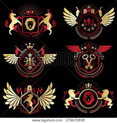 Heraldic Coat Of Arms Created With Vintage Vector Elements, Bird Wings, Animals, Towers, Crowns And 
