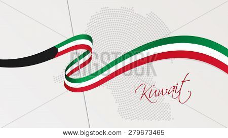 Vector Illustration Of Abstract Radial Dotted Halftone Map Of Kuwait And Wavy Ribbon With Kuwaiti Na