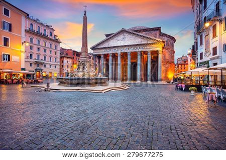 Pantheon, Rome. Cityscape Image Of Rome With Pantheon During Beautiful Sunrise.