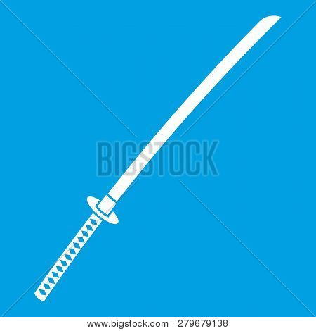 Japanese Katana Icon White Isolated On Blue Background Illustration