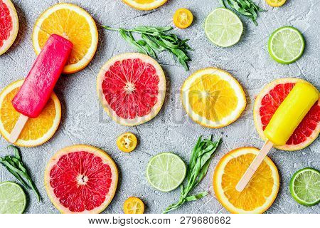 Orange Icecream With Fruits On Table Background Top View Pattern