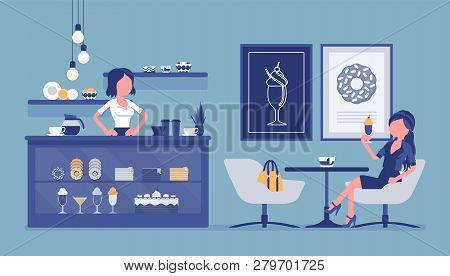 Confectionery Store, Shop With Sweet Assortment And Shop Visitor. Female Seller At Display Window, W