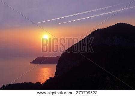 Silhouette Sunrise View Of Ang Thong Island With Rainmaking Planes On The Sky,archipelago In Thailan