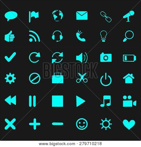 Vector Illustration. Blue Interface Icons Collection 
On Black Background.
