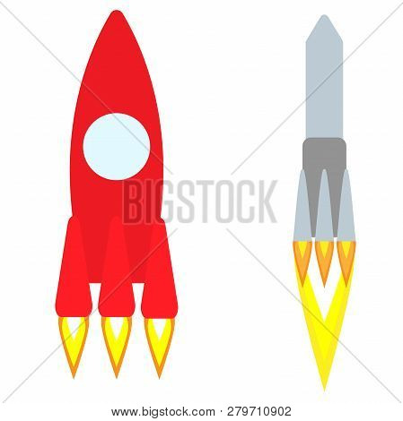 Two Vector Rockets On White Background. Isolated Flying Spaceships.