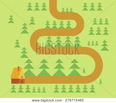 Hut In Forest Map. Woodland Road. Vector Illustration