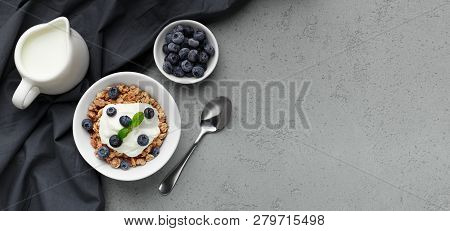 Organic Lacto-vegeterian Meal. Healthy Breakfast Concept, Copy Space, Top View