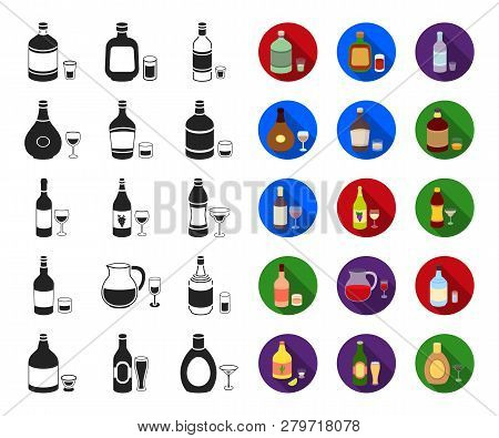 Types Of Alcohol Black, Flat Icons In Set Collection For Design. Alcohol In Bottles Vector Symbol St