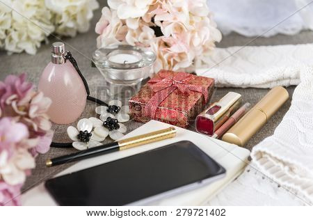 Phone, Gadget, Smartphone, Pen,  Flowers, Perfume Bottle,  Hydrangea, Gift Box,   Lipstick,