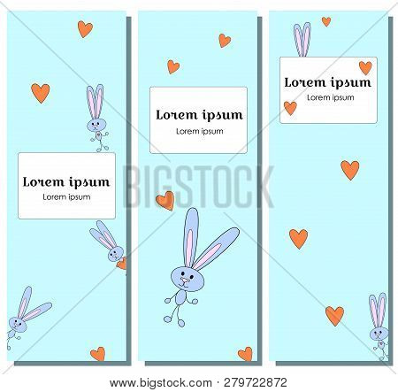 Set illustration vertical banner happy character with Hare is hiding. grey Bunny hug heart, hare on blue background for printed materials, postcard greeting, festive menu, card flyer, banner