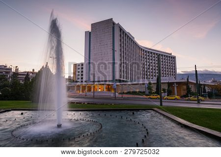 Athens, Greece - October 29, 2018: Fountain At Hilton Hotel In Evangelismos, Central Athens.