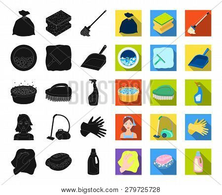 Cleaning And Maid Black, Flat Icons In Set Collection For Design. Equipment For Cleaning Vector Symb