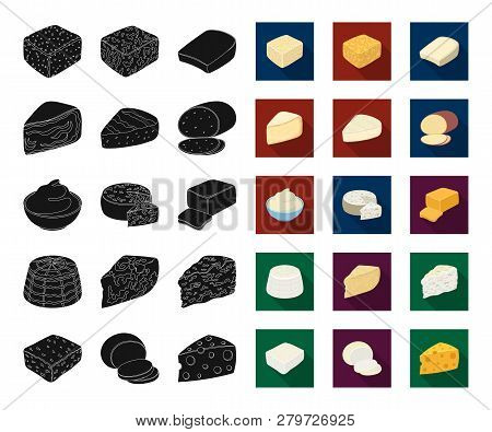 Different Kind Of Cheese Black, Flat Icons In Set Collection For Design.milk Product Cheese Vector S