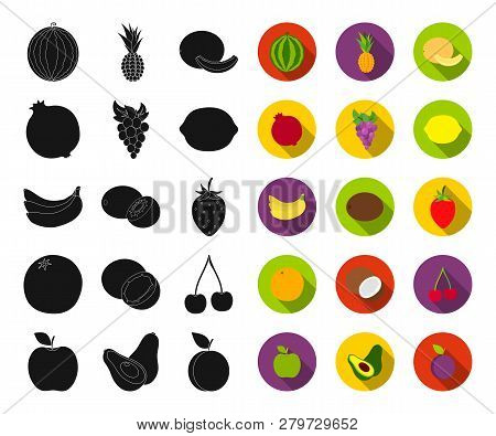 Different Fruits Black, Flat Icons In Set Collection For Design. Fruits And Vitamins Vector Symbol S