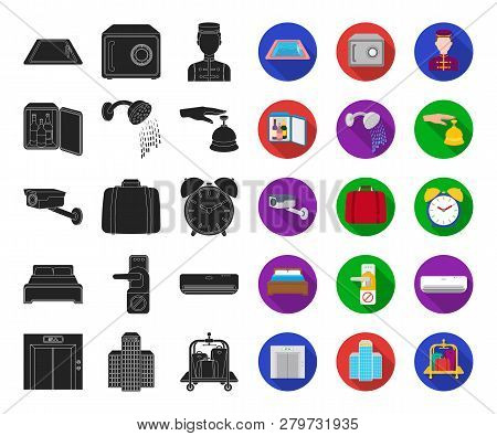 Hotel And Equipment Black, Flat Icons In Set Collection For Design. Hotel And Comfort Vector Symbol 