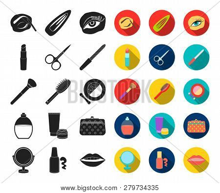 Makeup And Cosmetics Black, Flat Icons In Set Collection For Design. Makeup And Equipment Vector Sym