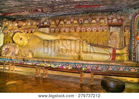 DAMBULLA SRI LANKA - DEC 27, 2016: Buddha statues inside Dambulla Cave Temple. Cave Temple is a World Heritage Site near Dambulla city on Dec 27, 2016. Sri Lanka.